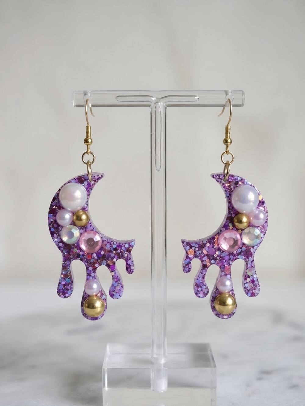 Purple Glitter Dripping Crescent Moon Rhinestone Pearl Earrings Hypoallergenic
